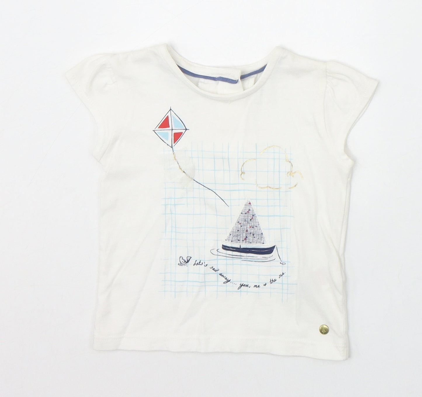 Marks and Spencer Girls Ivory 100% Cotton Pullover T-Shirt Size 3-6 Months Round Neck Button - Boat