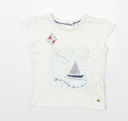 Marks and Spencer Girls Ivory 100% Cotton Pullover T-Shirt Size 3-6 Months Round Neck Button - Boat