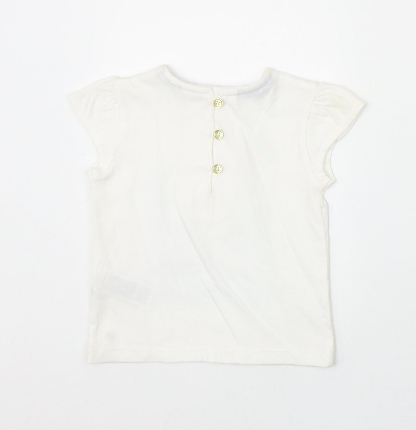 Marks and Spencer Girls Ivory 100% Cotton Pullover T-Shirt Size 3-6 Months Round Neck Button - Boat