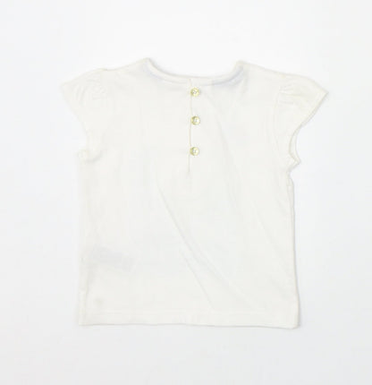 Marks and Spencer Girls Ivory 100% Cotton Pullover T-Shirt Size 3-6 Months Round Neck Button - Boat