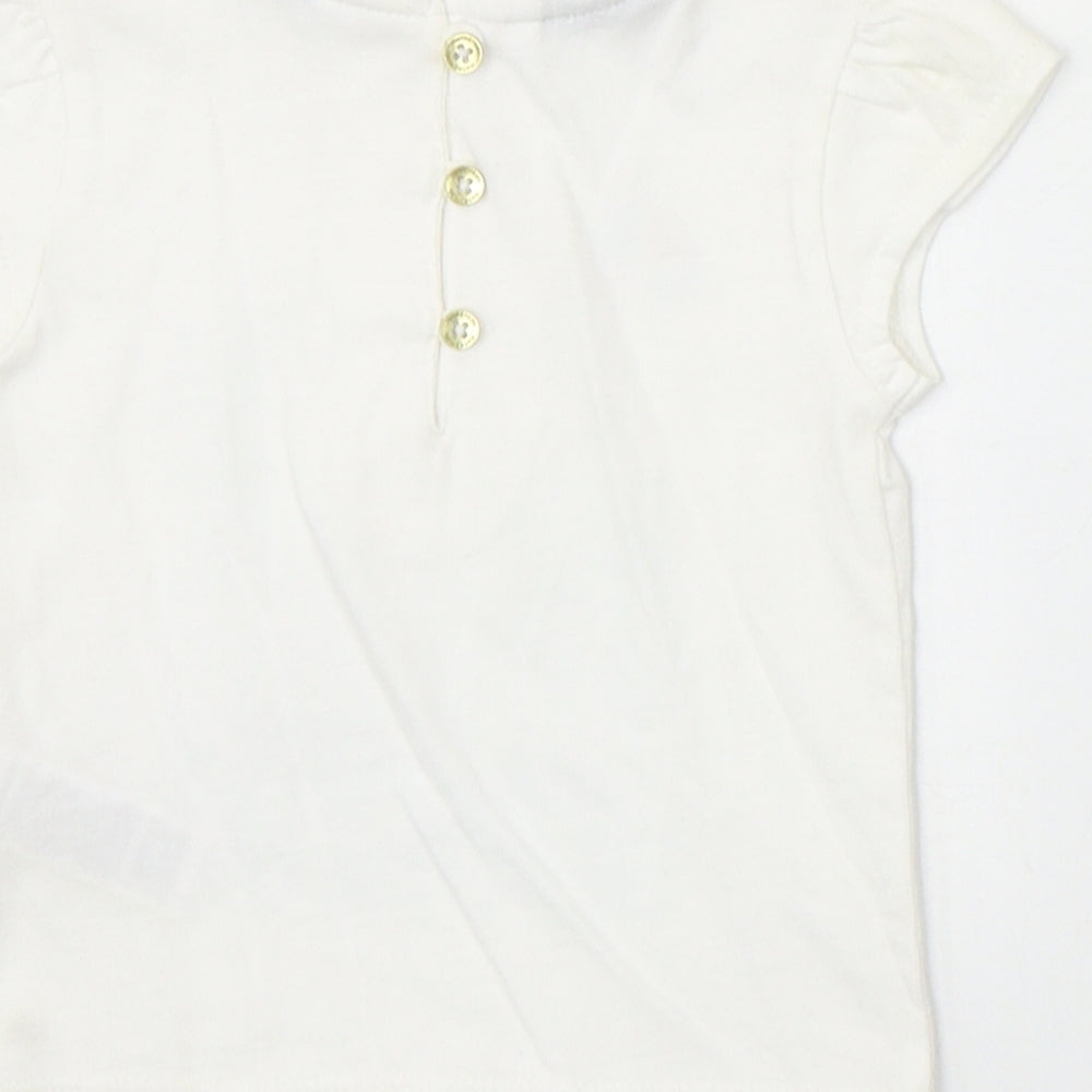 Marks and Spencer Girls Ivory 100% Cotton Pullover T-Shirt Size 3-6 Months Round Neck Button - Boat