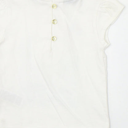 Marks and Spencer Girls Ivory 100% Cotton Pullover T-Shirt Size 3-6 Months Round Neck Button - Boat