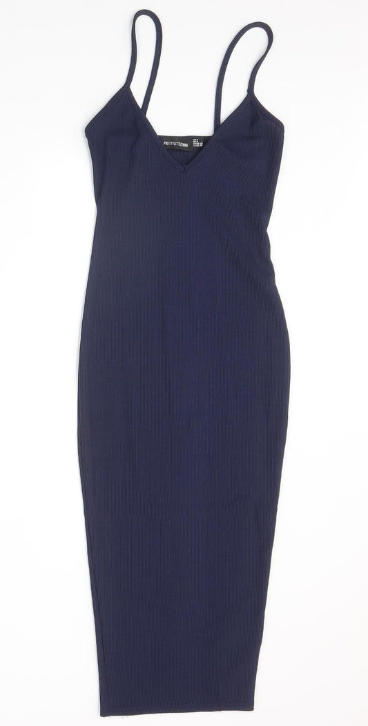 PRETTYLITTLETHING Womens Blue Polyester Bodycon Size 4 V-Neck Pullover - Ribbed