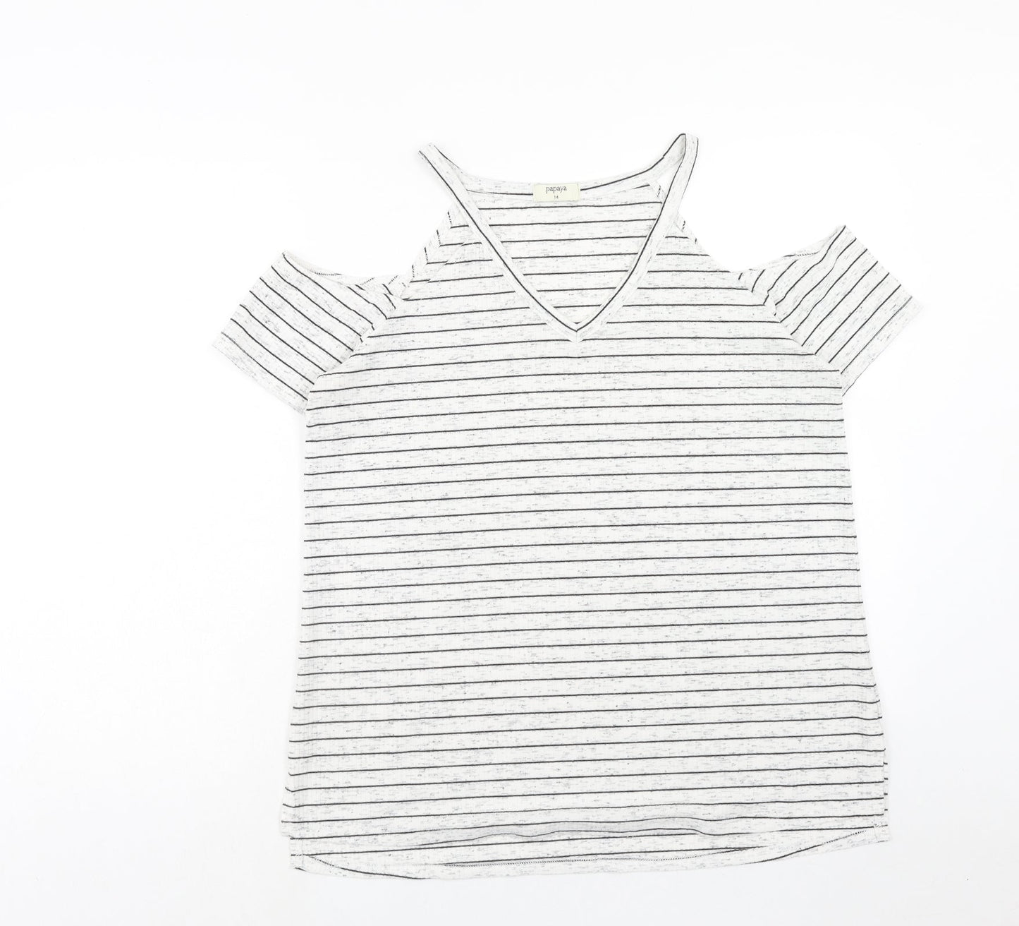 Papaya Womens White Striped Polyester Basic T-Shirt Size 12 V-Neck - Cold Shoulder