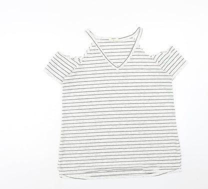 Papaya Womens White Striped Polyester Basic T-Shirt Size 12 V-Neck - Cold Shoulder