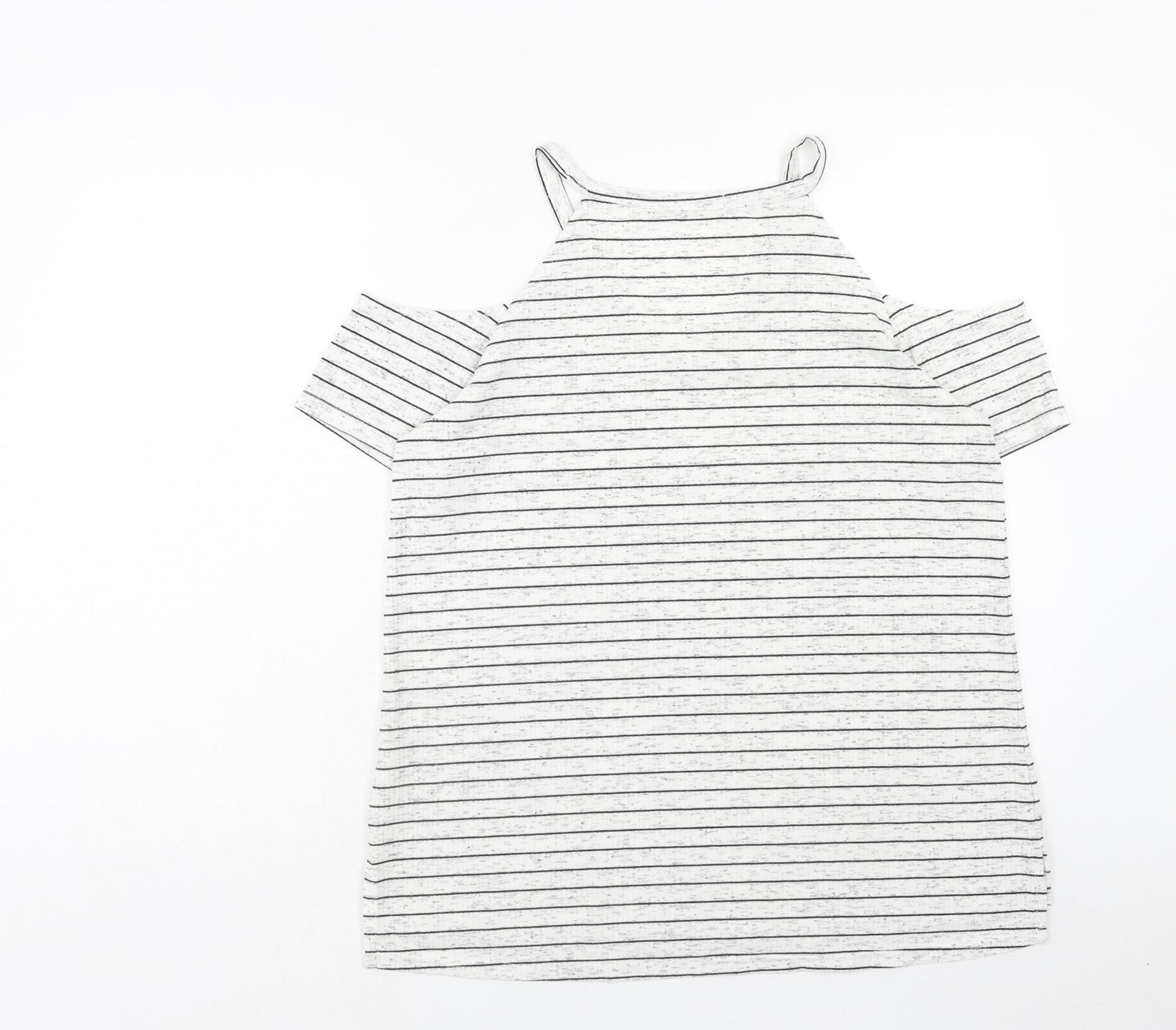 Papaya Womens White Striped Polyester Basic T-Shirt Size 12 V-Neck - Cold Shoulder