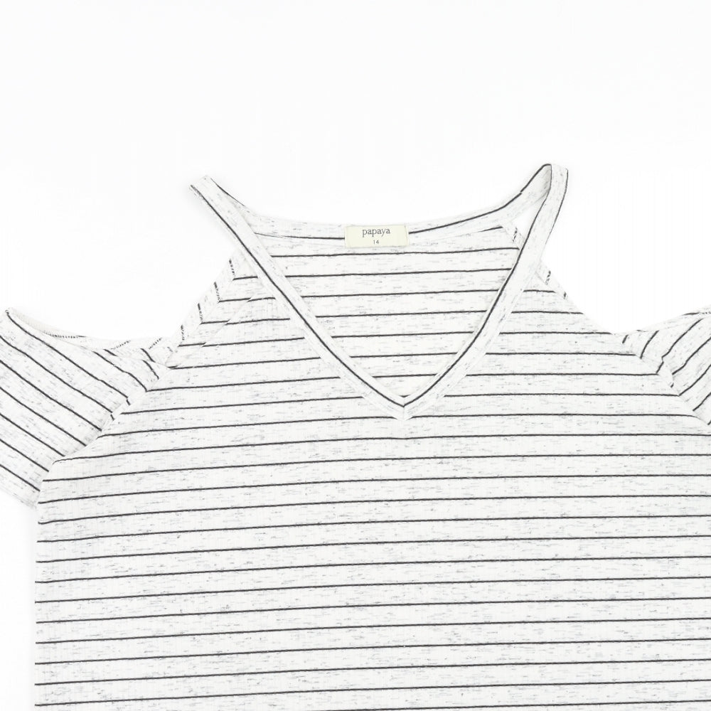 Papaya Womens White Striped Polyester Basic T-Shirt Size 12 V-Neck - Cold Shoulder