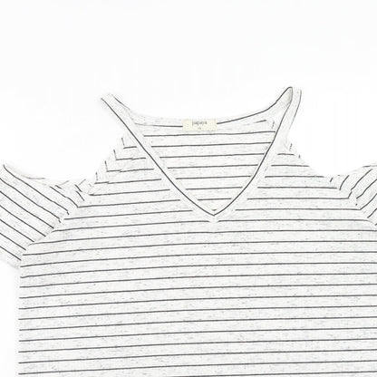 Papaya Womens White Striped Polyester Basic T-Shirt Size 12 V-Neck - Cold Shoulder