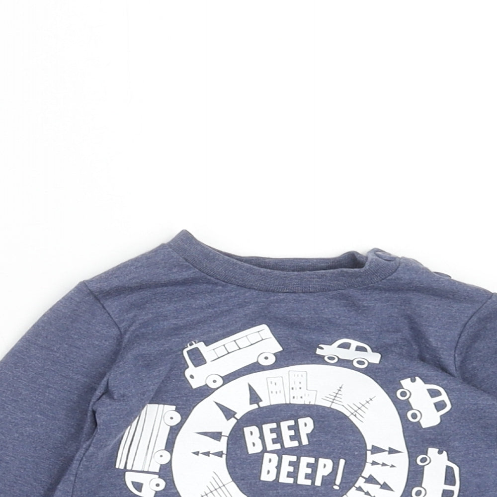 F&F Boys Blue Cotton Pullover T-Shirt Size 0-3 Months Round Neck Button - Cars