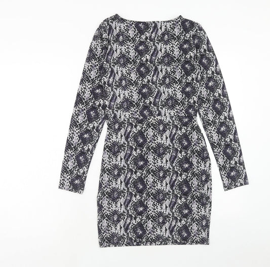 H&M Womens Purple Animal Print Polyester Bodycon Size 10 V-Neck Pullover - Snake Skin Print Knot Front