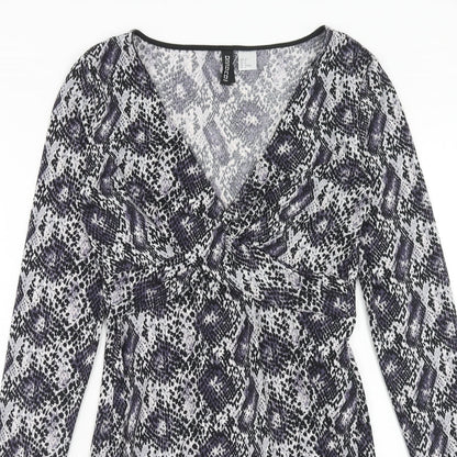H&M Womens Purple Animal Print Polyester Bodycon Size 10 V-Neck Pullover - Snake Skin Print Knot Front