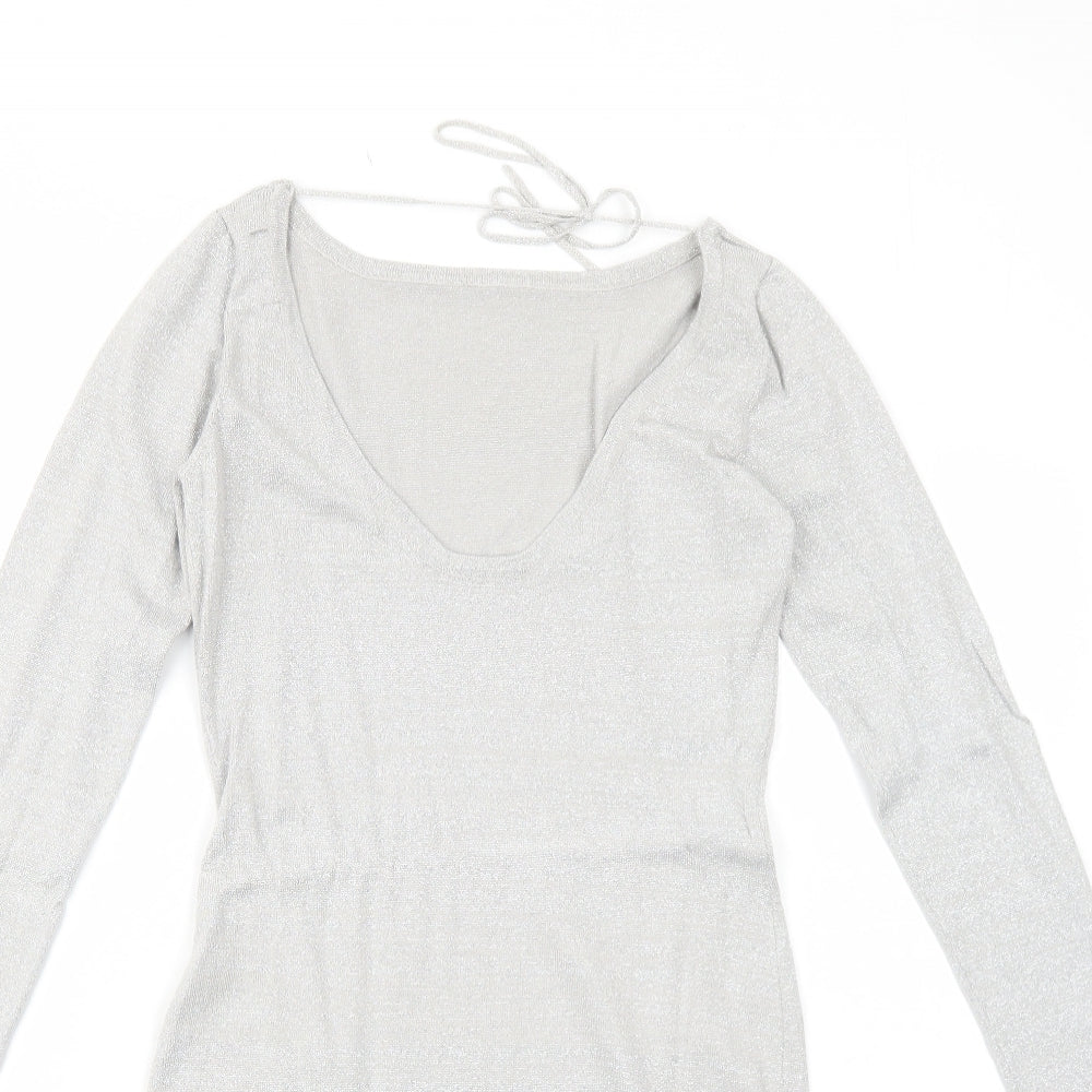 Preworn Womens Silver Polyester A-Line Size M V-Neck Pullover
