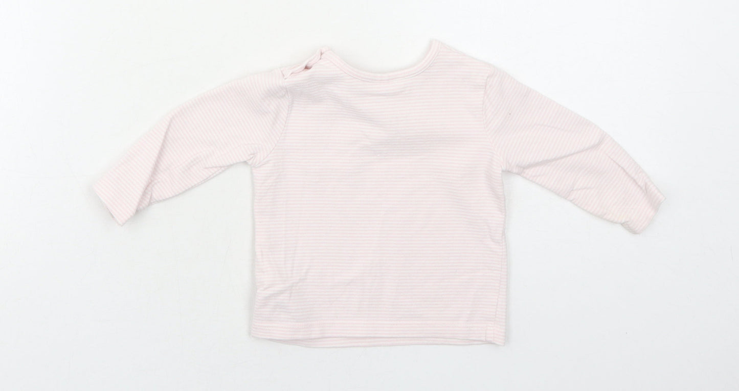 NEXT Girls Pink Striped Cotton Pullover T-Shirt Size 3-6 Months Boat Neck Button