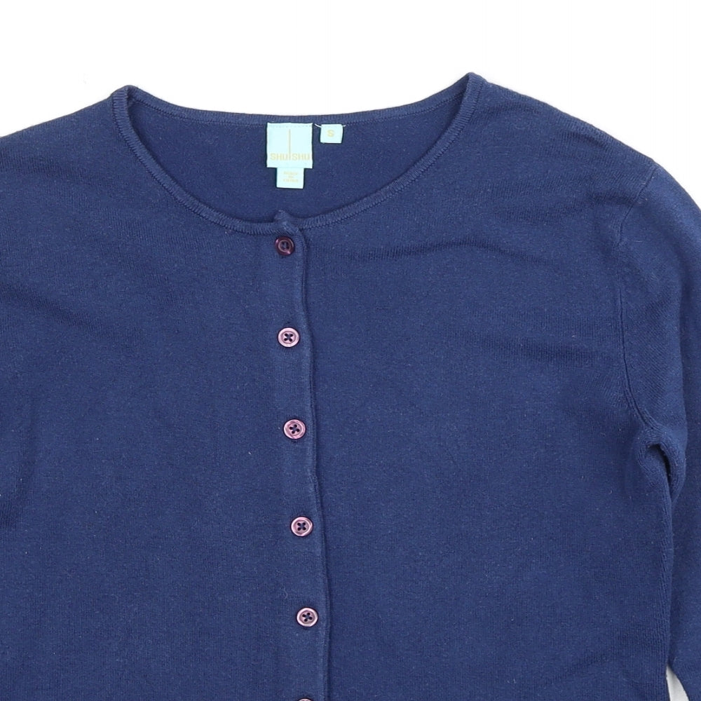 Shu Shu Womens Blue Round Neck Acrylic Cardigan Jumper Size S