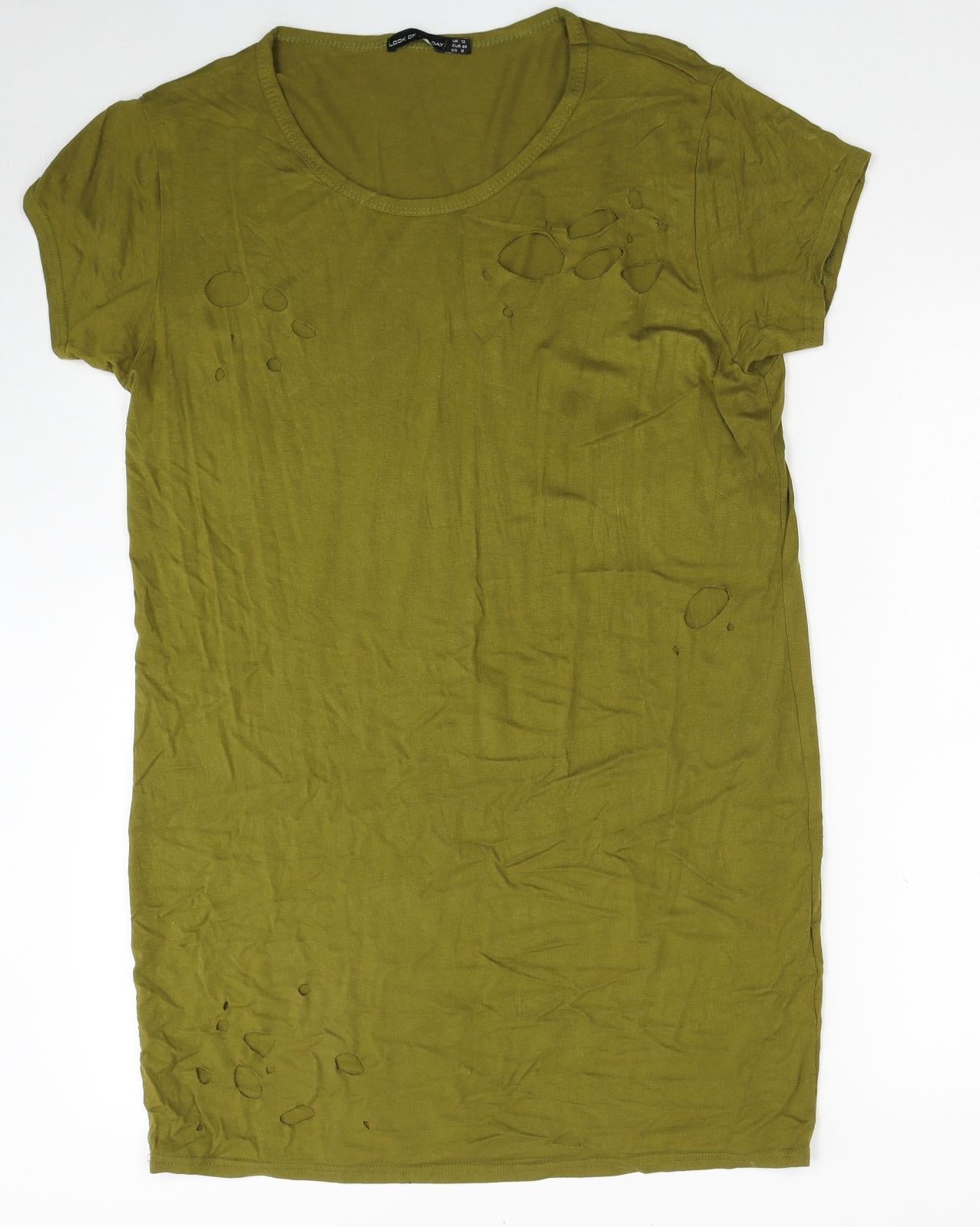 Look Of The Day Womens Green Viscose Shift Size 12 Scoop Neck Pullover - Hole Detail