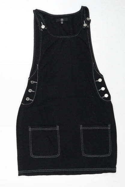 Missguided Womens Black Cotton Pinafore/Dungaree Dress Size 6 Scoop Neck Button - Contrast Stitching