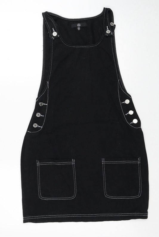 Missguided Womens Black Cotton Pinafore/Dungaree Dress Size 6 Scoop Neck Button - Contrast Stitching