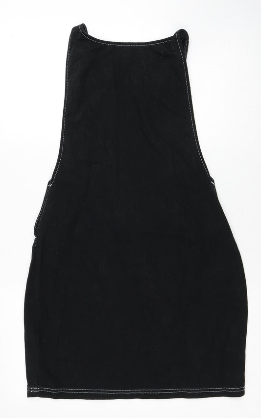 Missguided Womens Black Cotton Pinafore/Dungaree Dress Size 6 Scoop Neck Button - Contrast Stitching