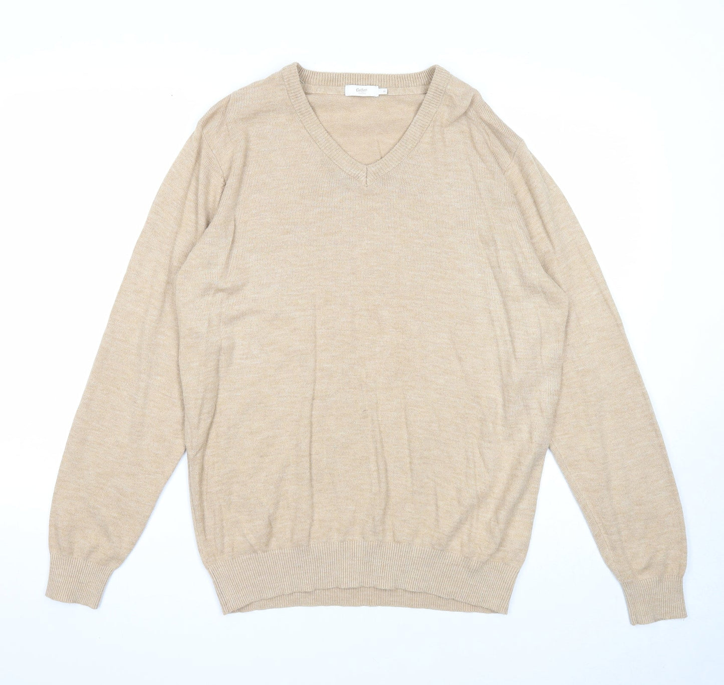 Cotton Traders Mens Beige V-Neck Acrylic Pullover Jumper Size M Long Sleeve