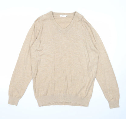 Cotton Traders Mens Beige V-Neck Acrylic Pullover Jumper Size M Long Sleeve