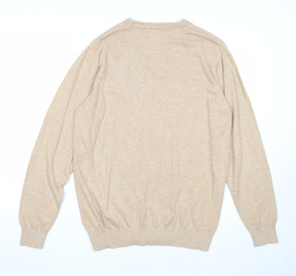 Cotton Traders Mens Beige V-Neck Acrylic Pullover Jumper Size M Long Sleeve