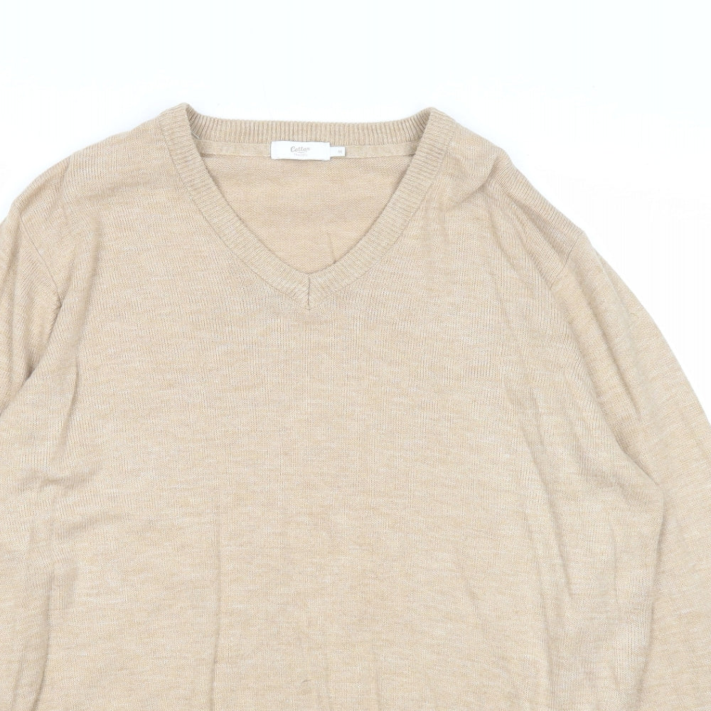 Cotton Traders Mens Beige V-Neck Acrylic Pullover Jumper Size M Long Sleeve