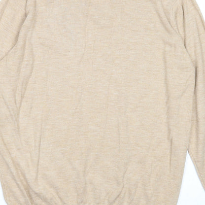 Cotton Traders Mens Beige V-Neck Acrylic Pullover Jumper Size M Long Sleeve