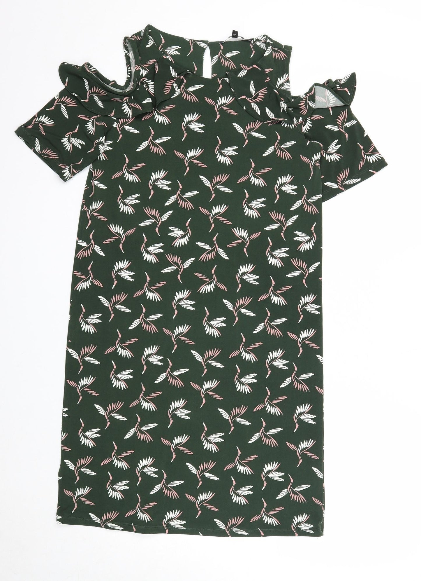 NEXT Womens Green Geometric Polyester A-Line Size 8 Scoop Neck Button - Bird Print Cold Shoulder
