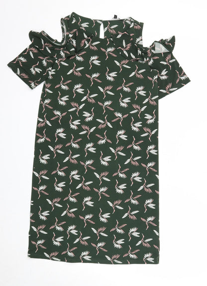 NEXT Womens Green Geometric Polyester A-Line Size 8 Scoop Neck Button - Bird Print Cold Shoulder