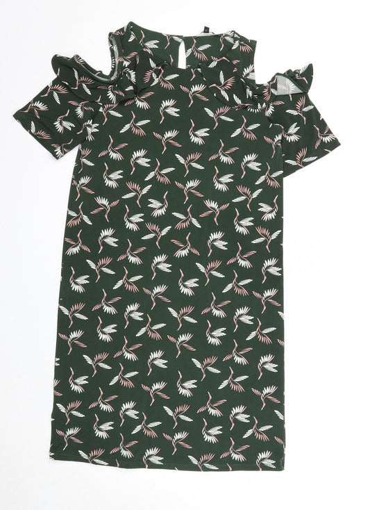 NEXT Womens Green Geometric Polyester A-Line Size 8 Scoop Neck Button - Bird Print Cold Shoulder