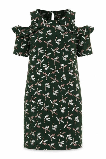NEXT Womens Green Geometric Polyester A-Line Size 8 Scoop Neck Button - Bird Print Cold Shoulder