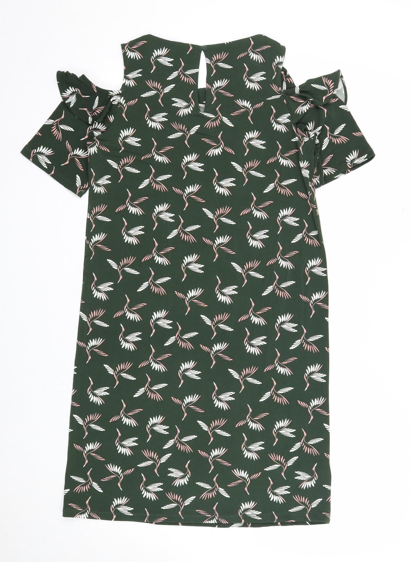 NEXT Womens Green Geometric Polyester A-Line Size 8 Scoop Neck Button - Bird Print Cold Shoulder