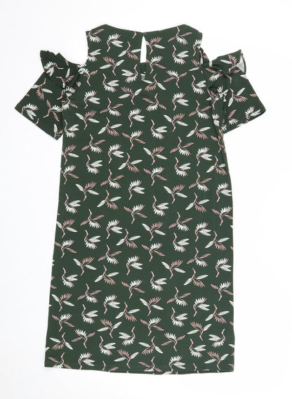 NEXT Womens Green Geometric Polyester A-Line Size 8 Scoop Neck Button - Bird Print Cold Shoulder