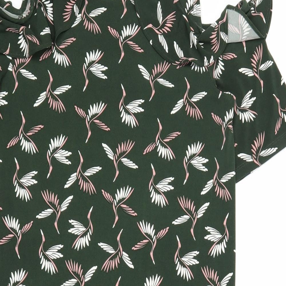 NEXT Womens Green Geometric Polyester A-Line Size 8 Scoop Neck Button - Bird Print Cold Shoulder