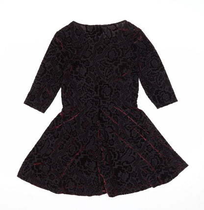 Topshop Womens Black Geometric Nylon Skater Dress Size 8 Scoop Neck Pullover