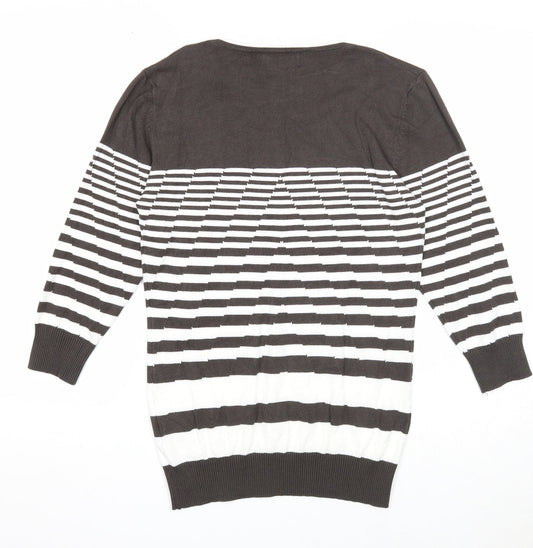 Just Elegance Womens Grey Round Neck Striped Viscose Pullover Jumper Size S