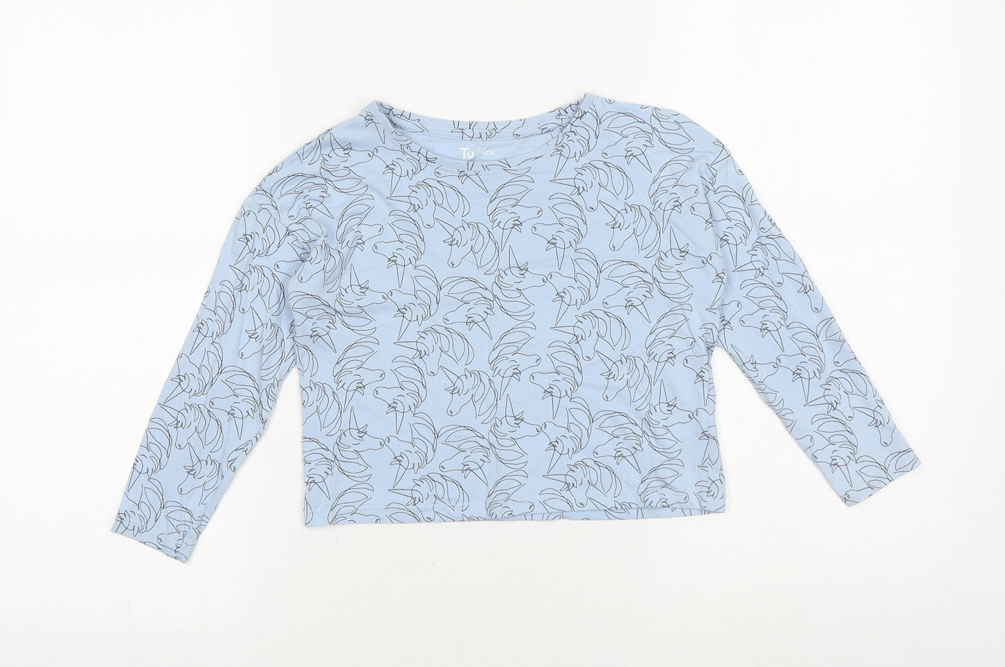 TU Girls Blue Geometric 100% Cotton Basic T-Shirt Size 6 Years Round Neck Pullover - Unicorn