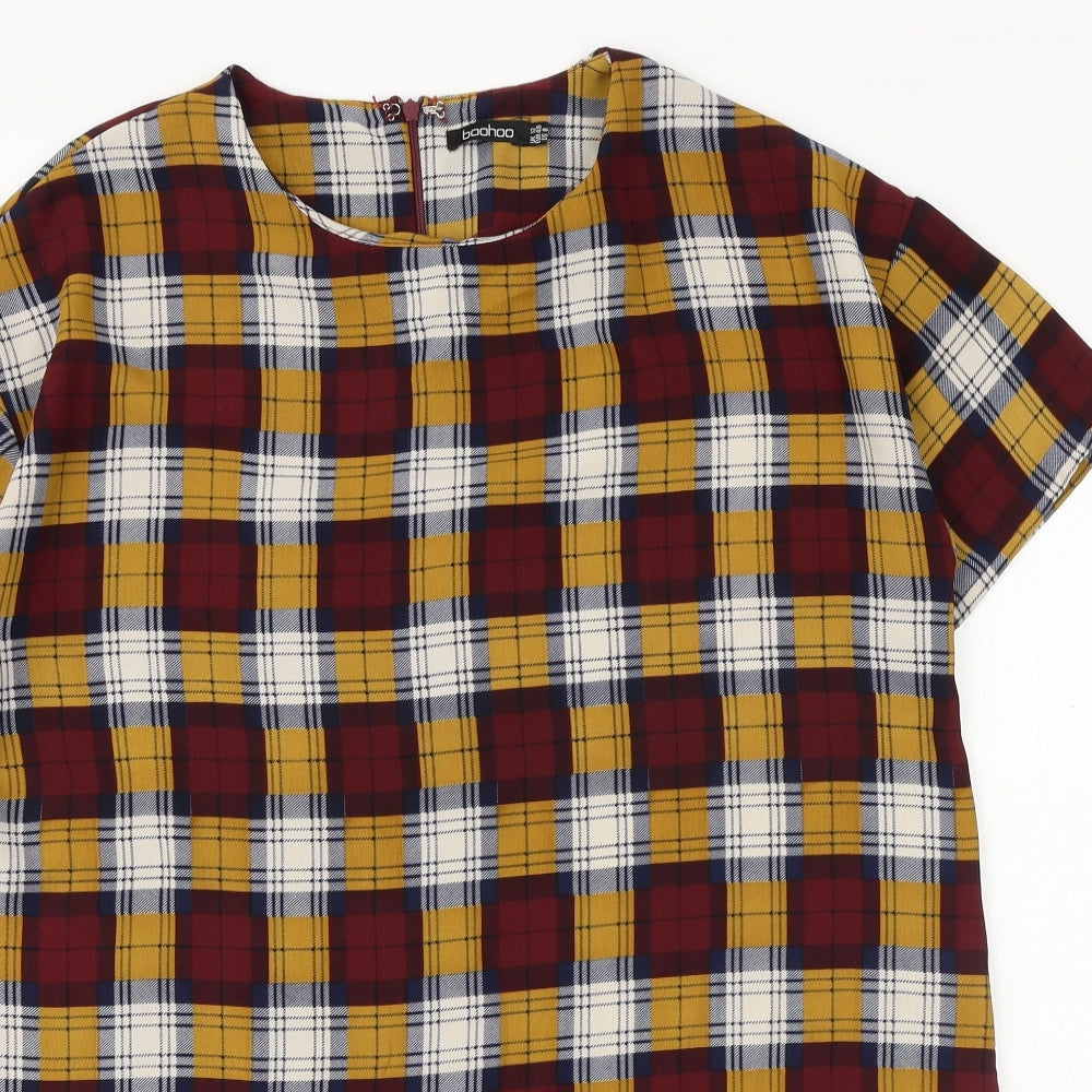 Boohoo Womens Red Plaid Polyester T-Shirt Dress Size 12 Round Neck Zip