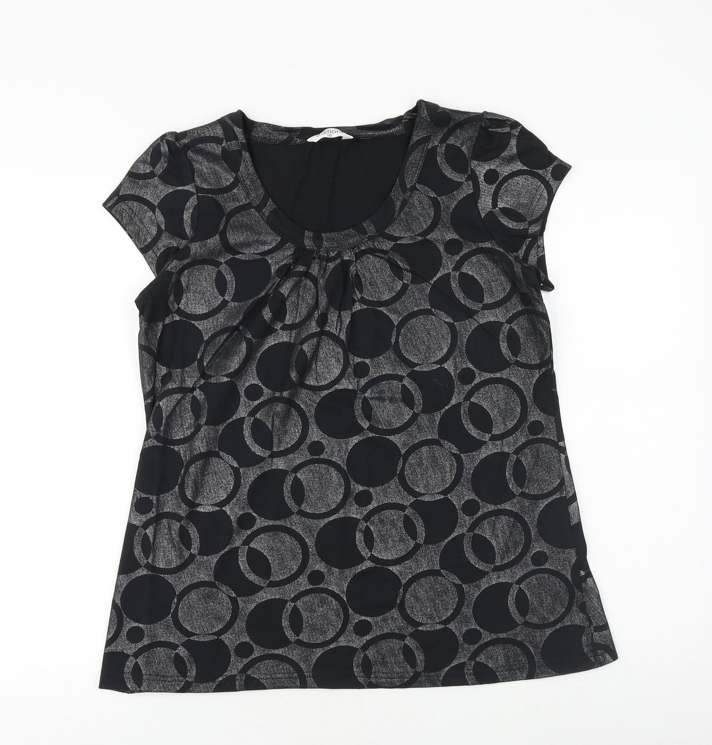 Editions Womens Black Geometric 100% Cotton Basic T-Shirt Size 10 Scoop Neck