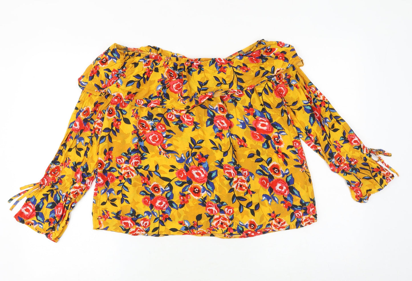 Papaya Womens Yellow Floral Viscose Cropped Blouse Size 10 Off the Shoulder - Bardot