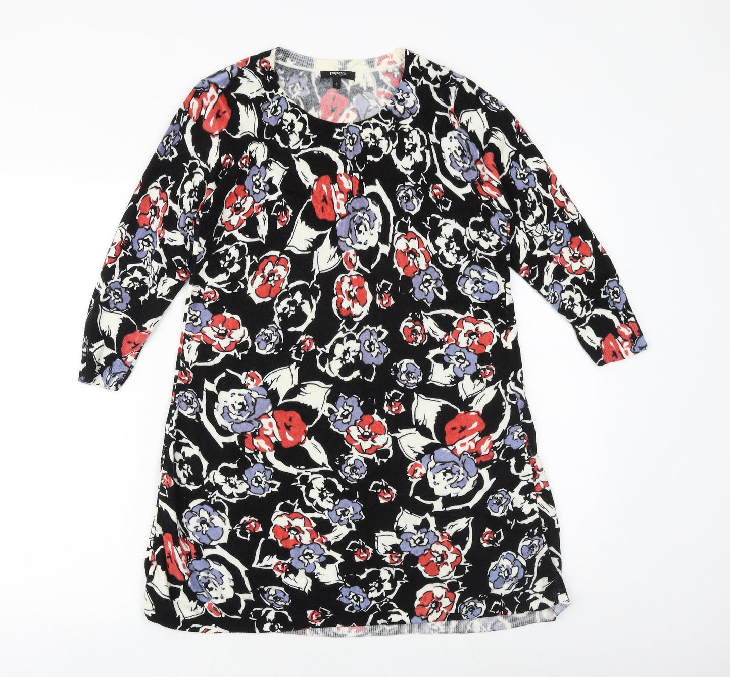 Papaya Womens Black Floral Acrylic A-Line Size 8 Round Neck Pullover