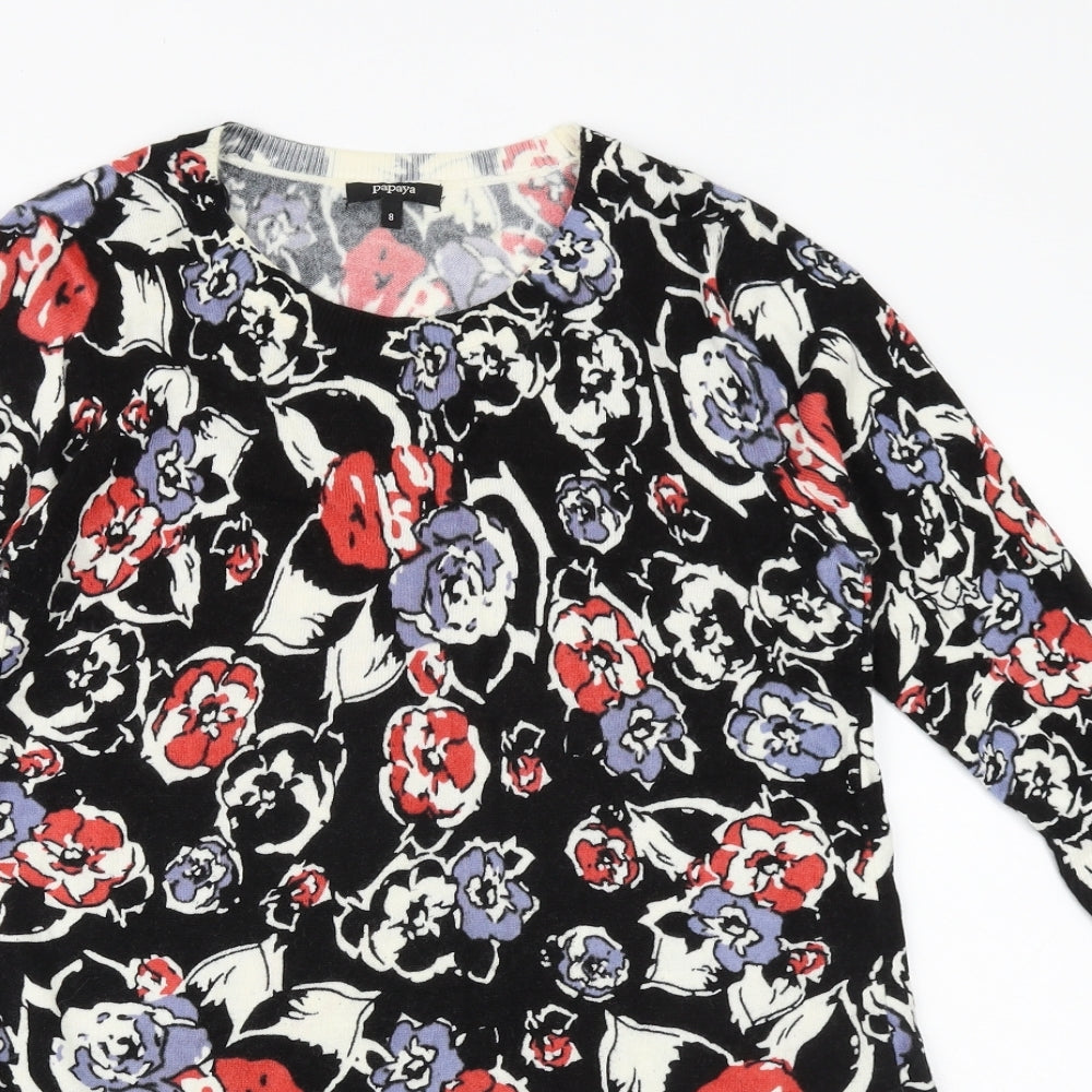 Papaya Womens Black Floral Acrylic A-Line Size 8 Round Neck Pullover