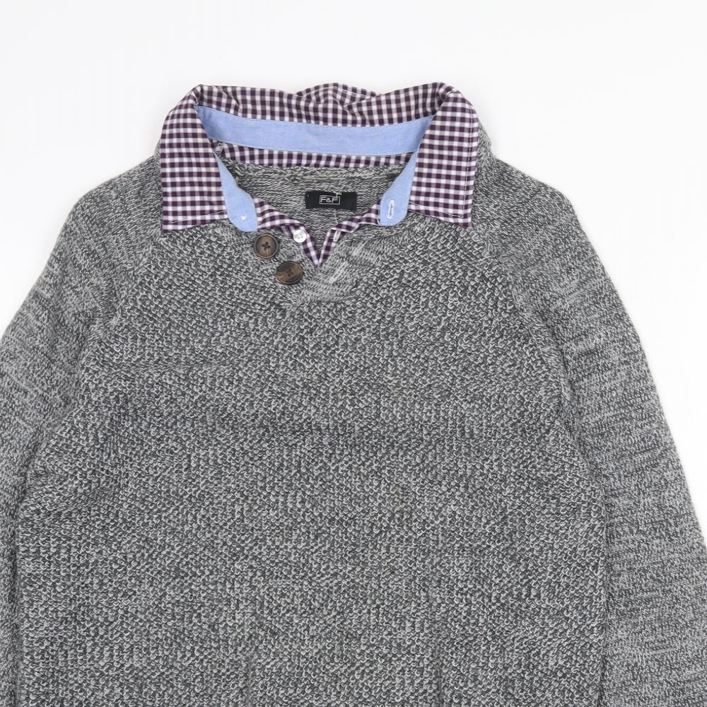 F&F Mens Grey Collared Acrylic Pullover Jumper Size S Long Sleeve