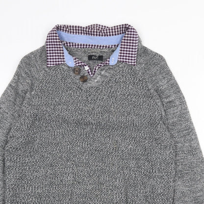 F&F Mens Grey Collared Acrylic Pullover Jumper Size S Long Sleeve