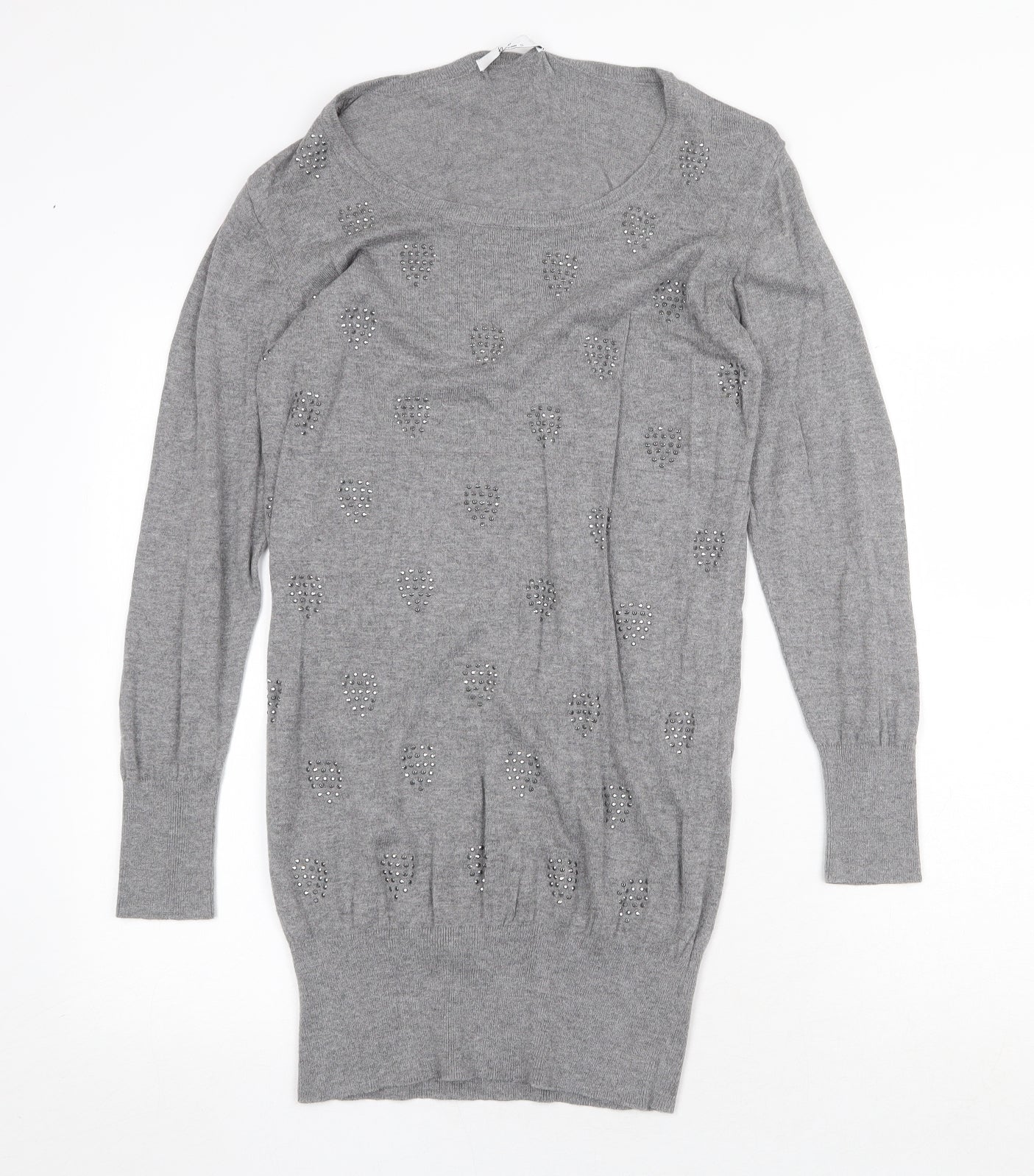 Klass Womens Grey Geometric Viscose Jumper Dress Size S Round Neck Pullover - Heart Pattern