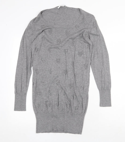 Klass Womens Grey Geometric Viscose Jumper Dress Size S Round Neck Pullover - Heart Pattern