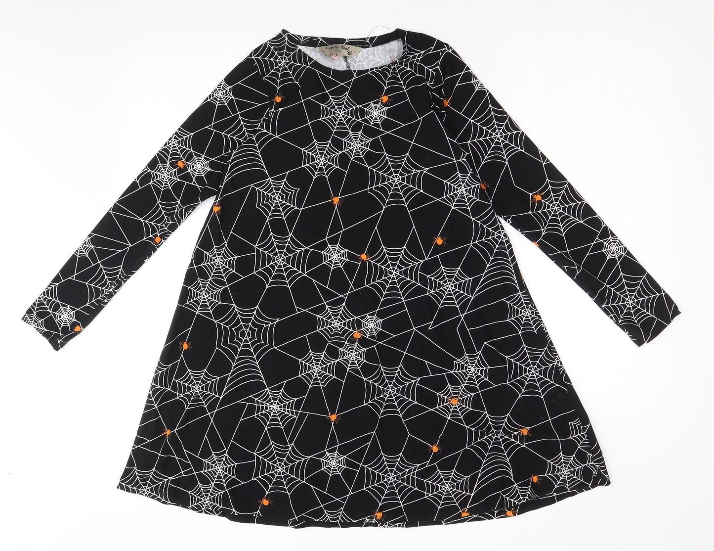 Poetic Soul Girls Black Geometric Polyester A-Line Size 11-12 Years Round Neck Pullover - Spider Web Halloween