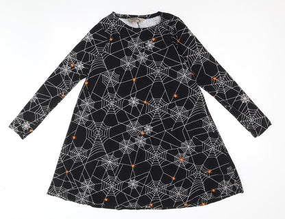 Poetic Soul Girls Black Geometric Polyester A-Line Size 11-12 Years Round Neck Pullover - Spider Web Halloween