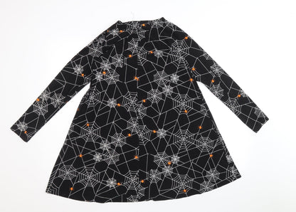 Poetic Soul Girls Black Geometric Polyester A-Line Size 11-12 Years Round Neck Pullover - Spider Web Halloween