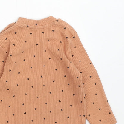 Primark Baby Brown Geometric Cotton Basic T-Shirt Size 6-9 Months Round Neck Button